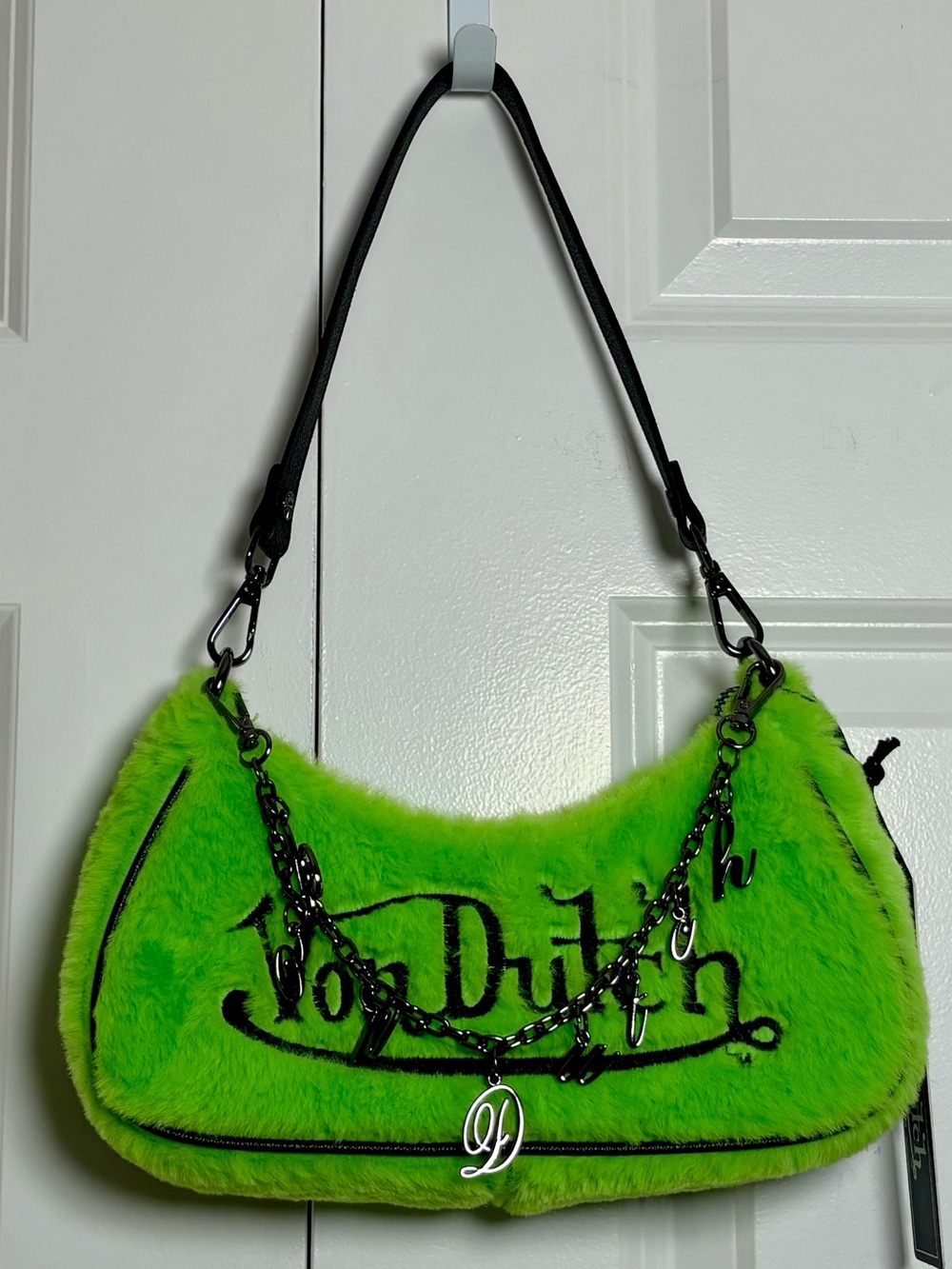 VON DUTCH Lime Green Faux Fur Shoulder Handbag